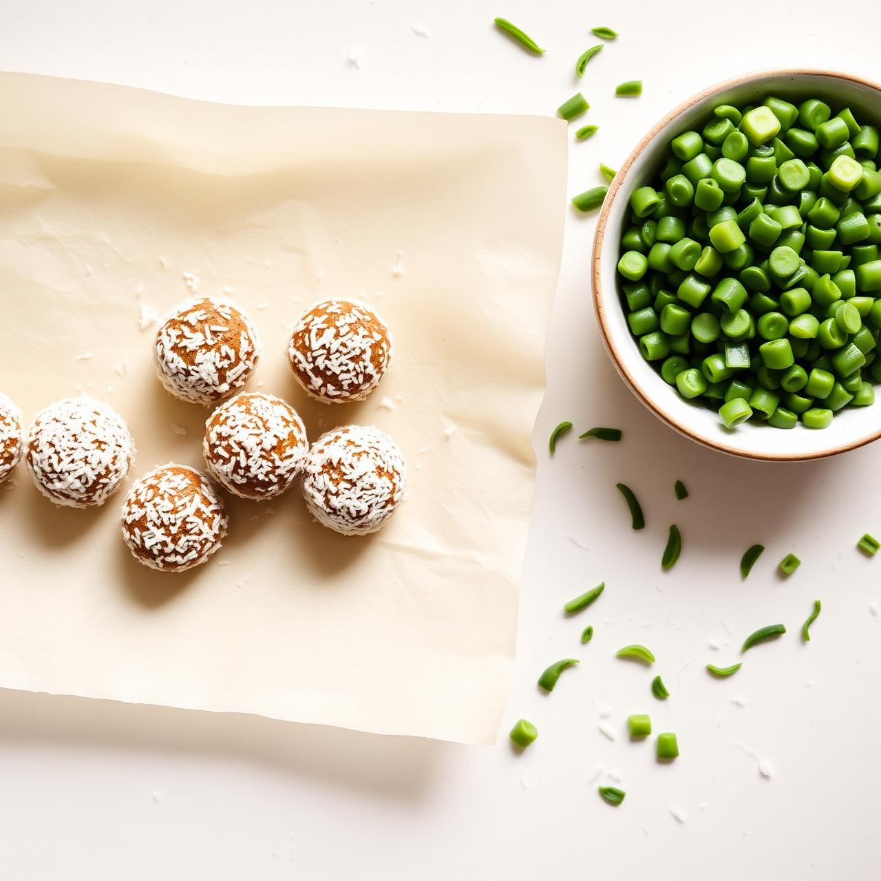 Power balls on parchment with a bowl of fresh water lentils