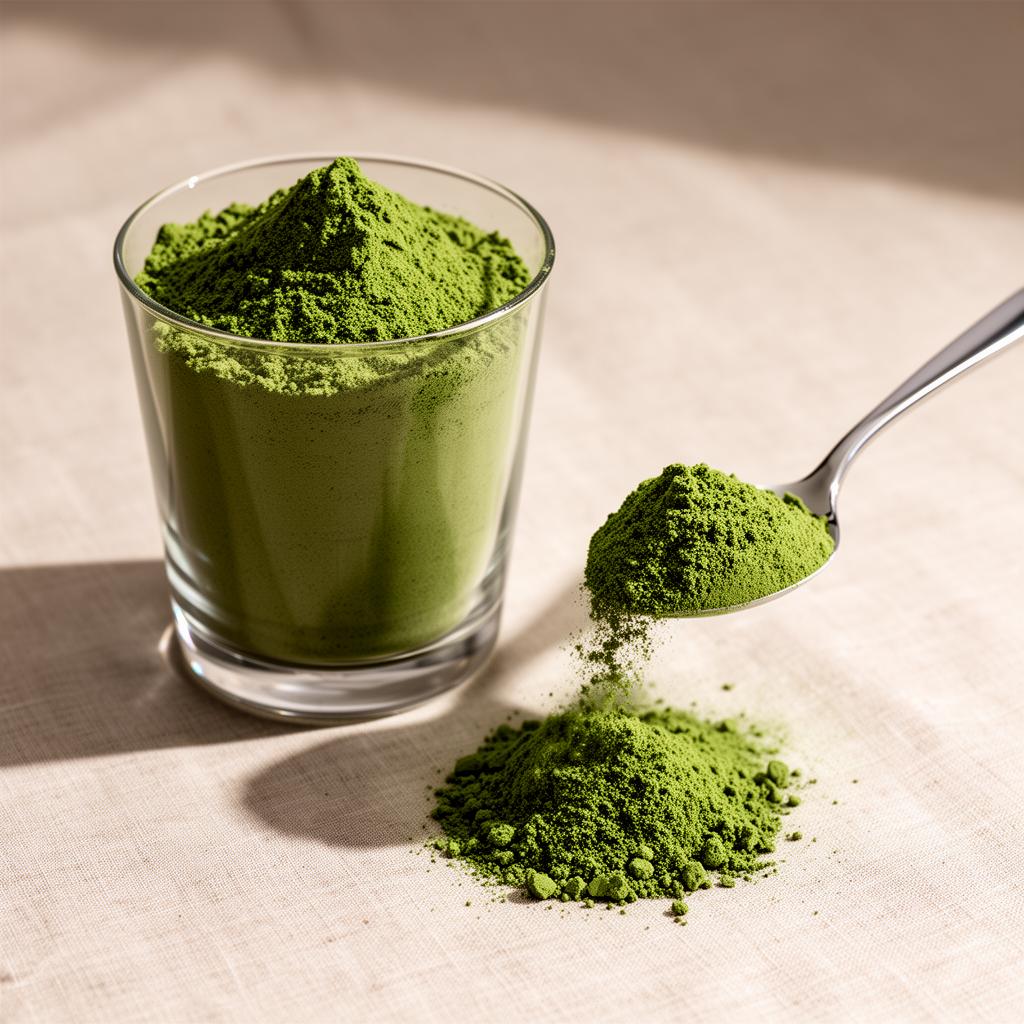 Glass of Stack water lentil protein powder with a heaping spoon scoop