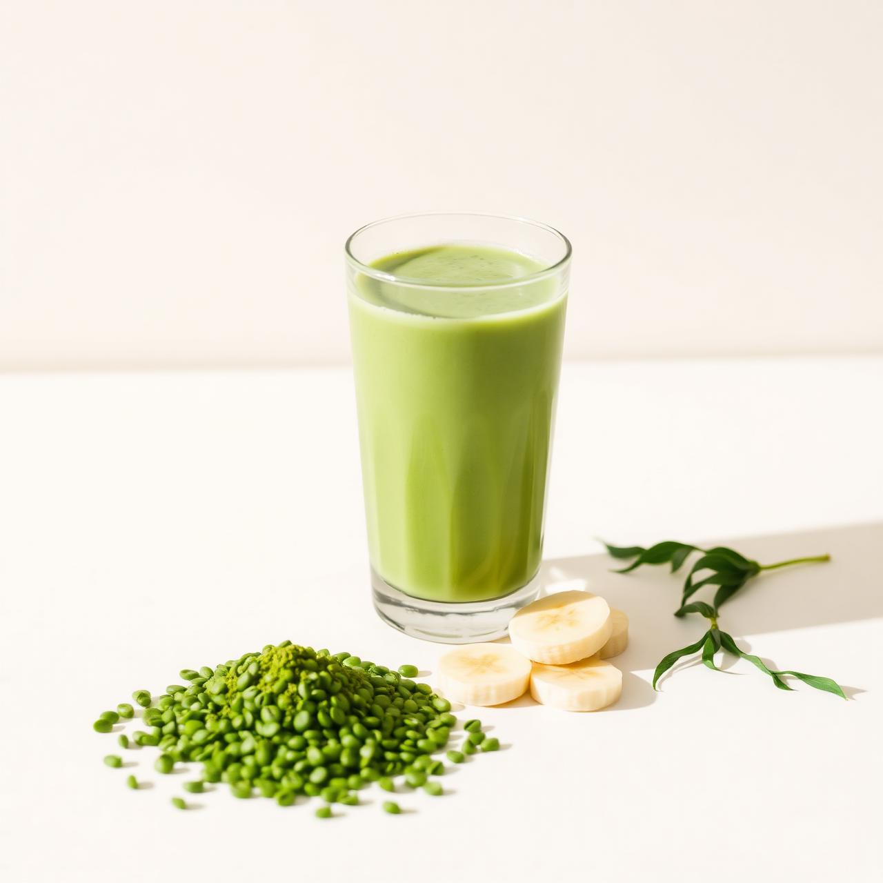 A glass of green smoothie made with Stack water lentil protein