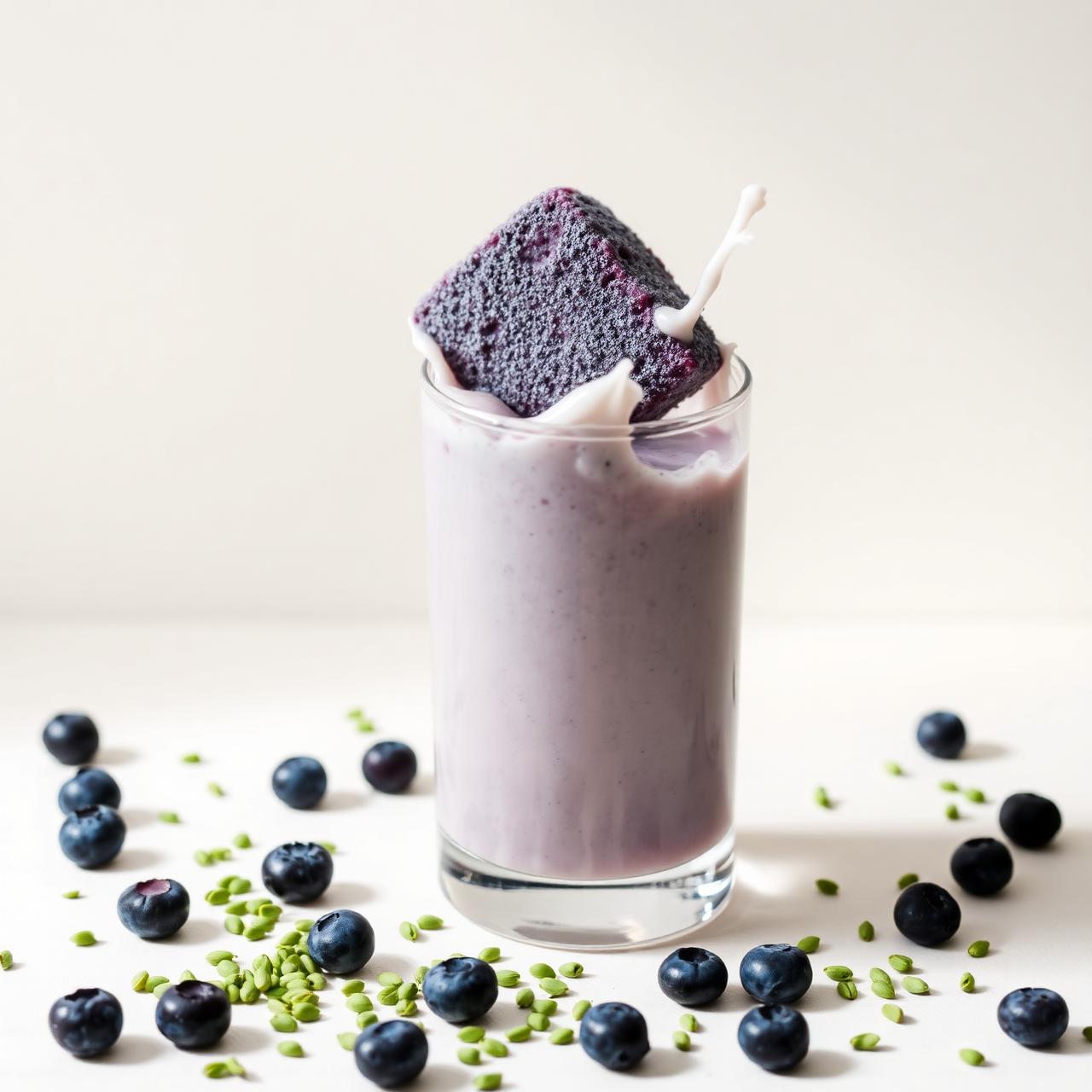 A frozen blueberry smoothie puck dropping into milk