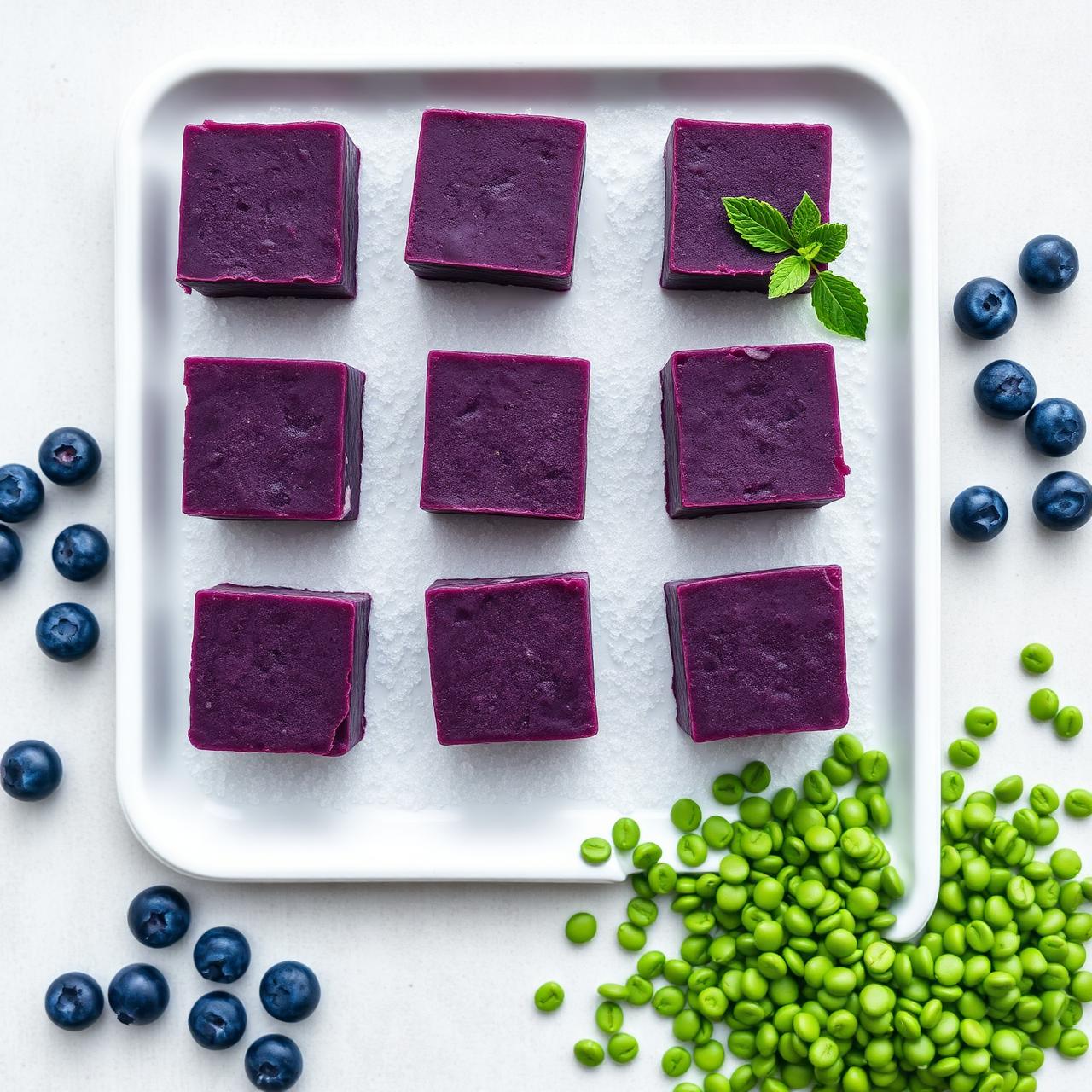 Top down tray of nine frozen blueberry water lentil pucks